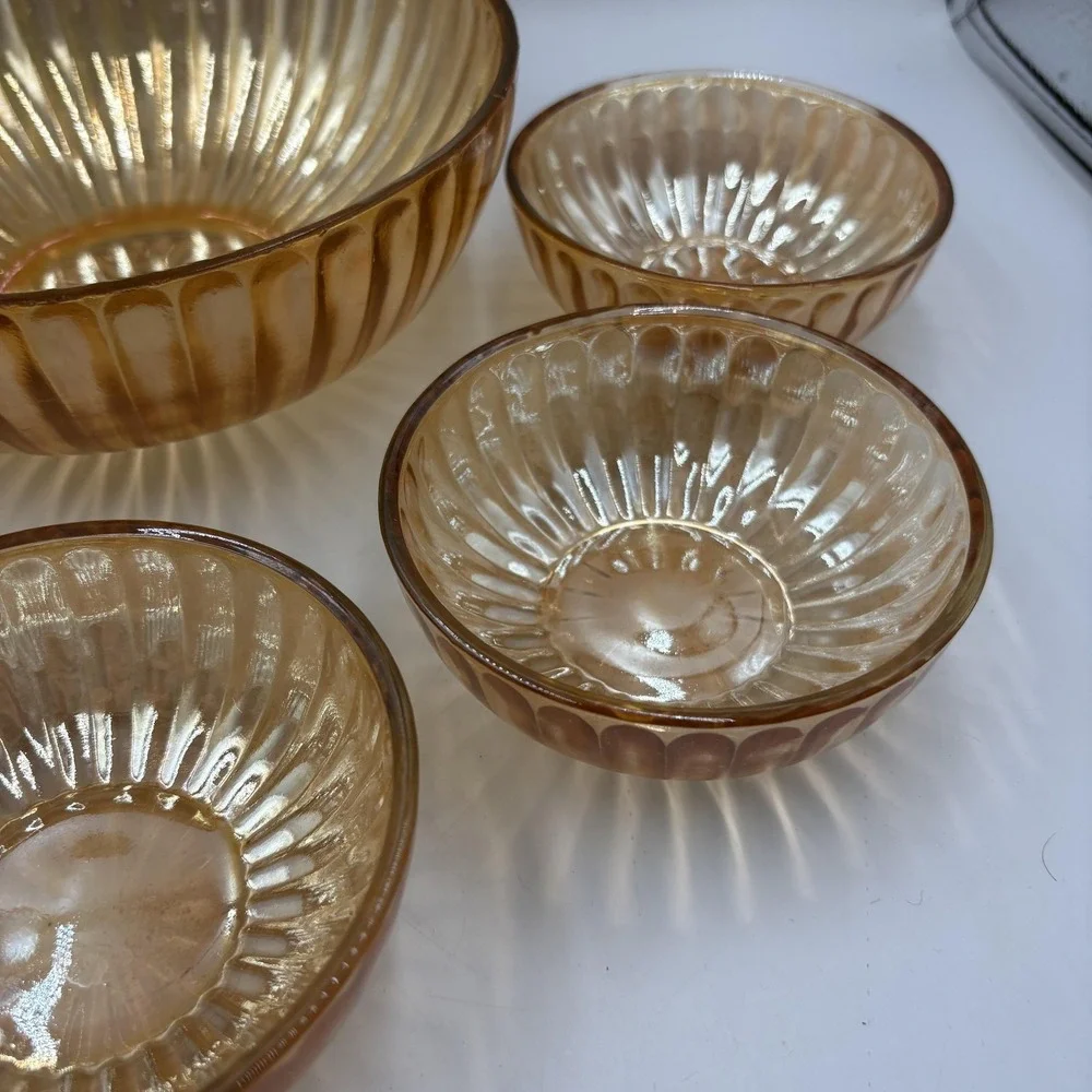 Gold Carnival Glass Salad Serving Bowl Set Ribbed‎ Art Deco 6 Piece Unmarked